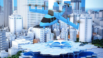 A NASA illustration depicts the idea of a future air taxi hovering over a municipal vertiport. [Rendering: NASA/Lillian Gipson and Kyle Jenkins]