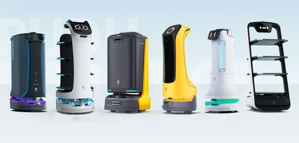 Pudu offers many commercial service robots. Free 1-week trials of the PuduBot food delivery robot (far right above) are being offered to Dallas restaurants for a limited time. [Image: Pudu Robotics]