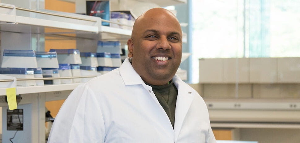 Dr. Venu Varanasi, pictured in his lab,an associate professor and lab director at UT Arlington, won the pitch competition.