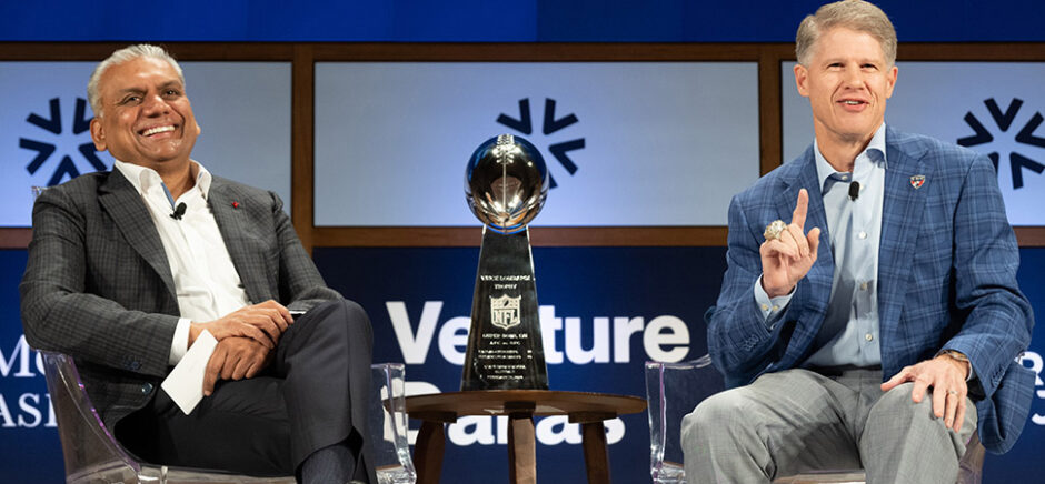 Anurag Jain and Clark Hunt on stage at Venture Dallas in October 2023. [Image: Grant Miller Photograph/Venture Dallas]