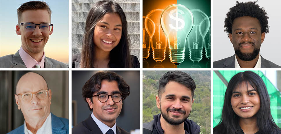 Clockwise from left: Andrew Denton, Anisha Holla, Ralph Yongoueth, Ananya Sammidi, Asad Moulvi, Sahil Patel, and Rick Tett will pitch in UT Dallas' Big Idea Competition 2024 student and alumni track finals on April 17. [Photos via UT Dallas and the entrepreneurs; Graphics: DI Studio, istockphoto]